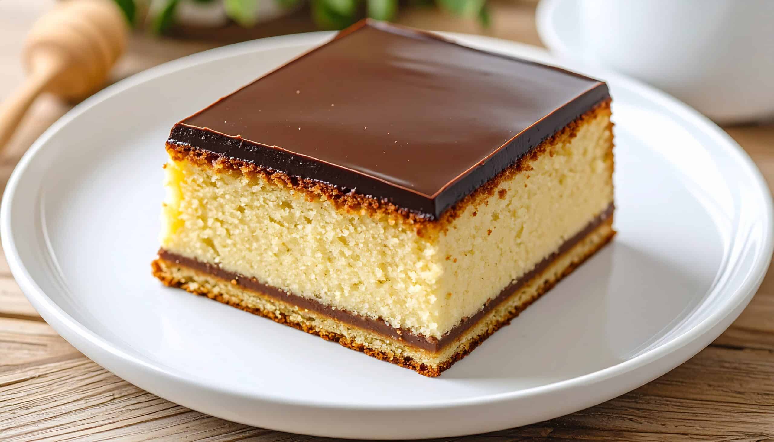 Ciasto z kaszą manną, na talerzyku, na drewnianym blacie