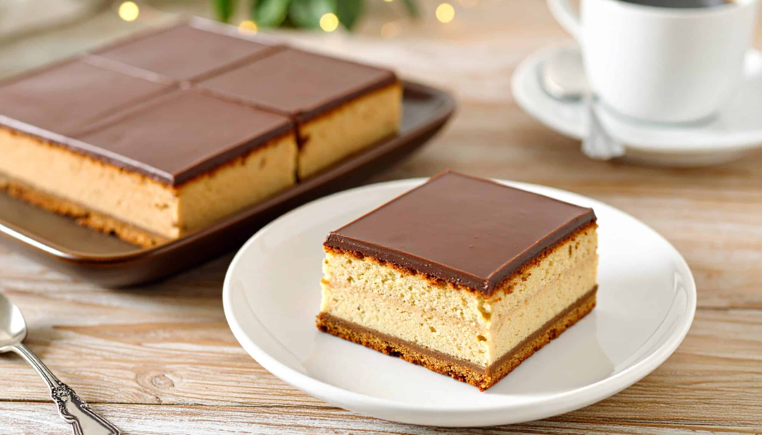 Ciasto z kaszą manną na talerzyku, w tle ciasto na półmisku