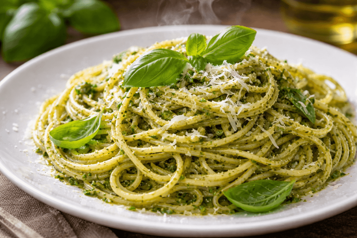 Talerz makaronu spaghetti wymieszanego z jaskrawozielonym domowym pesto bazyliowym i serem.