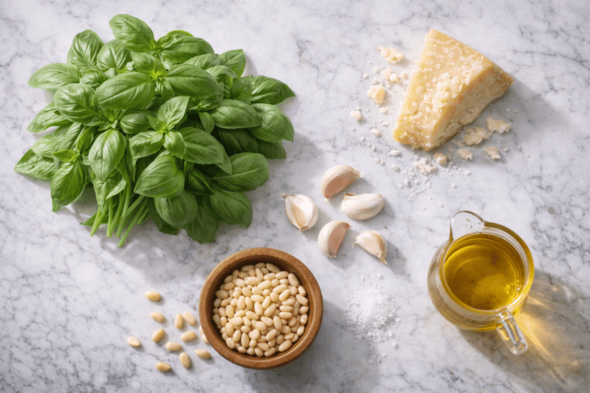 Składniki na pesto: świeża bazylia, orzeszki piniowe, kawałek parmezanu, czosnek i oliwa z oliwek na białym blacie.