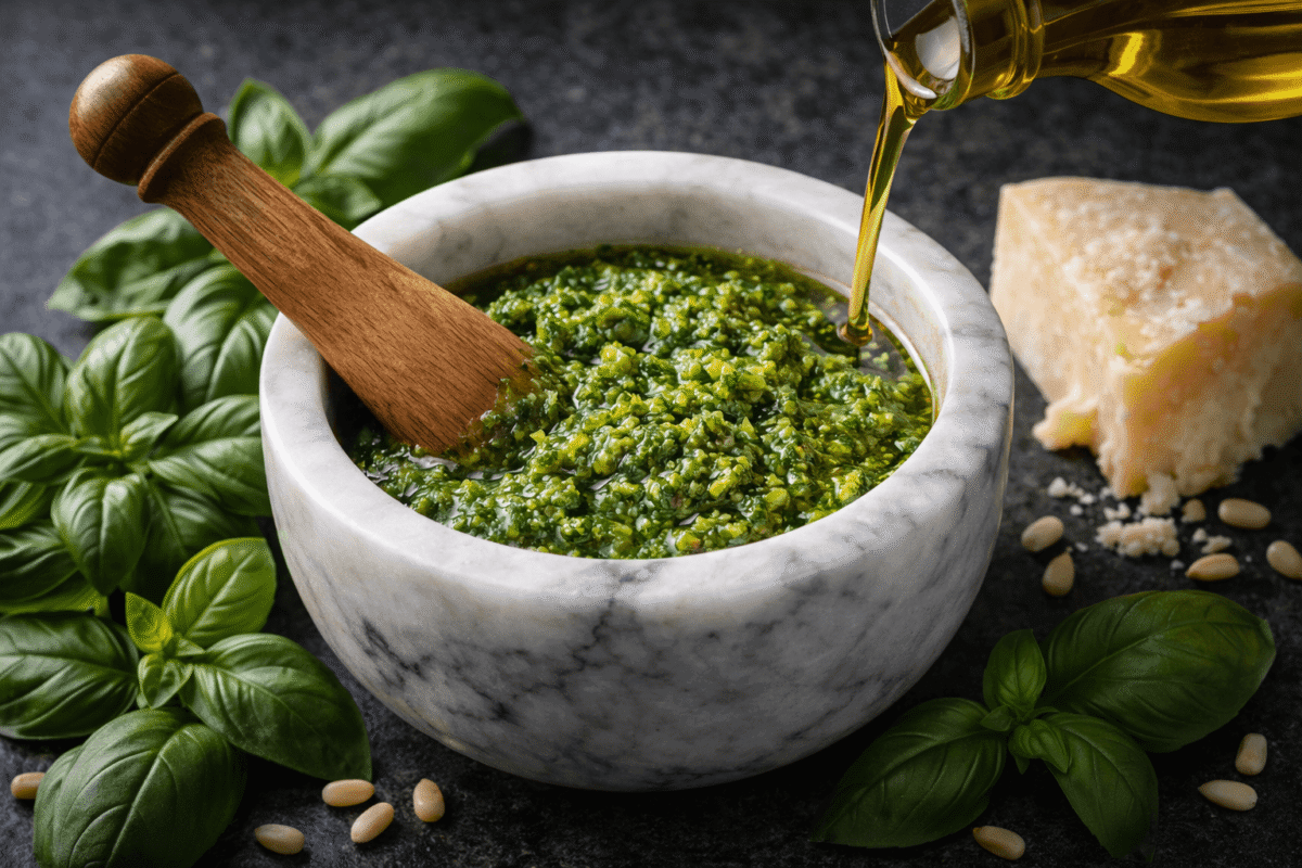 Domowe zielone pesto bazyliowe w słoiku zabezpieczone warstwą oliwy, obok świeża bazylia i parmezan.