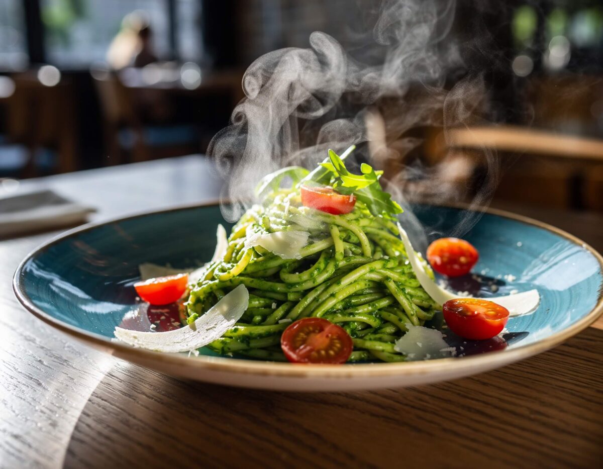 Spaghetti z zielonym pesto z rukoli, kawałkami grillowanego kurczaka i pomidorkami cherry na talerzu.