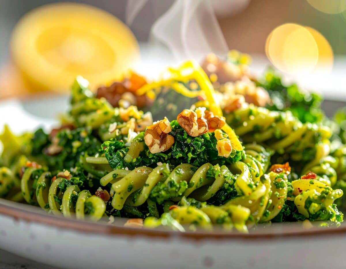 Talerz makaronu razowego spaghetti wymieszanego z jaskrawym pesto z jarmużu i kawałkami orzechów.