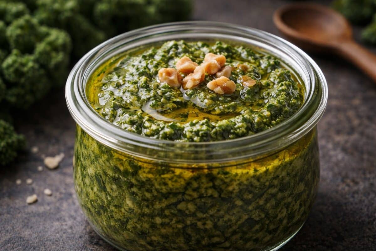 Gęste, ciemnozielone pesto z jarmużu w szklanym słoiku, posypane kruszonymi orzechami włoskimi na ciemnym tle.