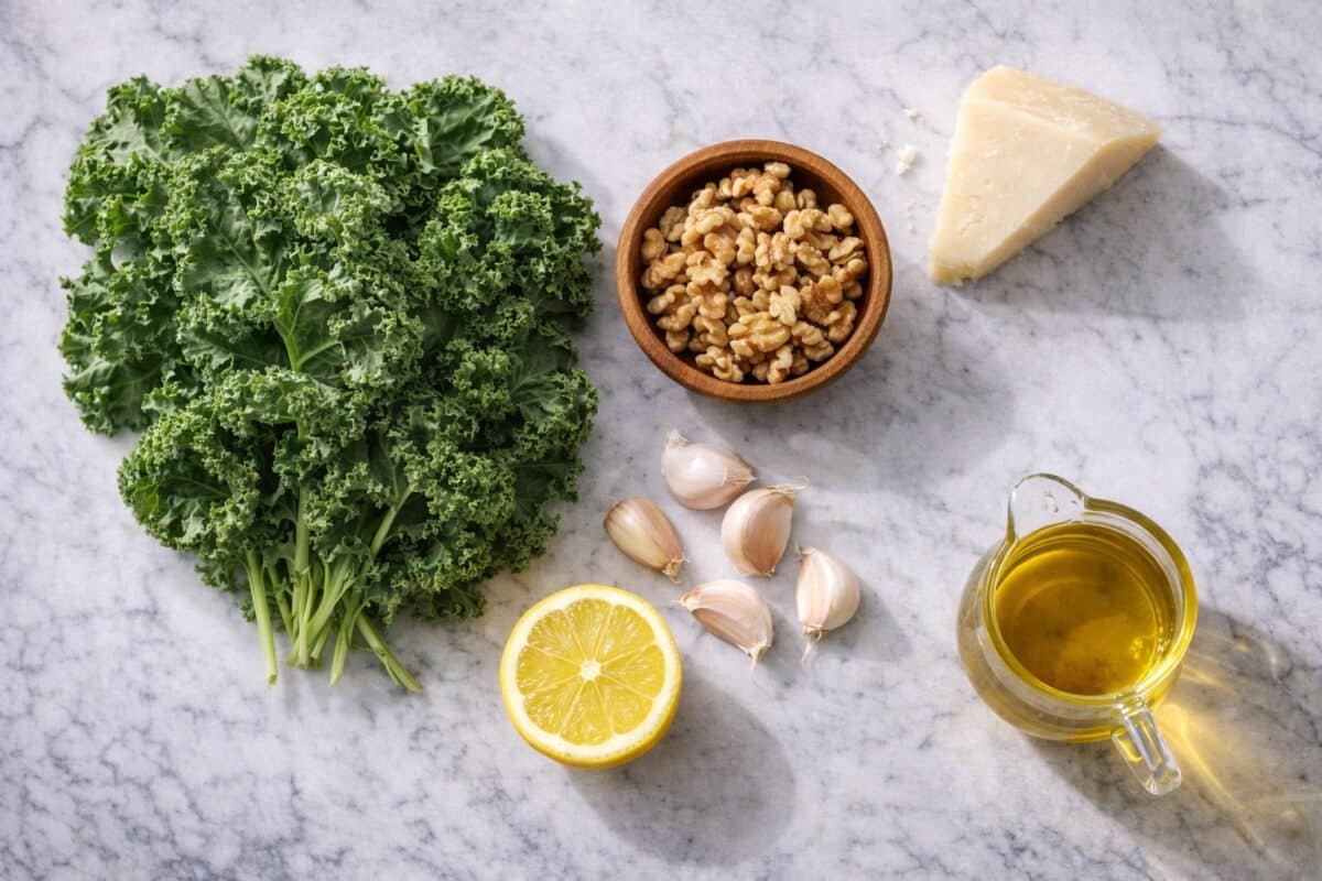 Składniki na domowe pesto: świeży jarmuż, orzechy włoskie, czosnek, cytryna i oliwa z oliwek extra virgin