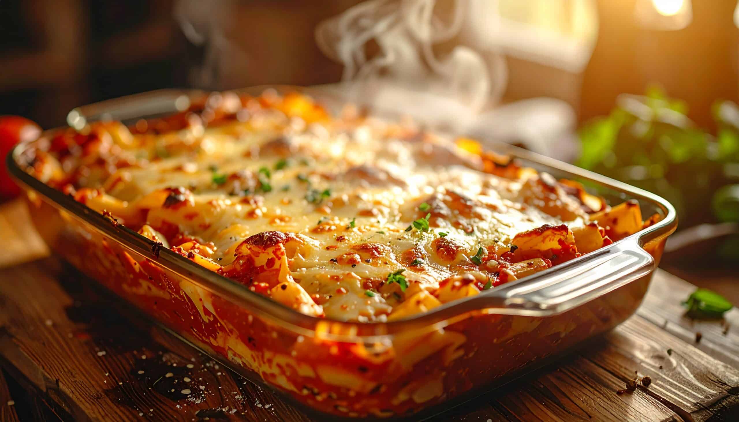 Upieczona zapiekanka makaronowa na drewnianym blacie