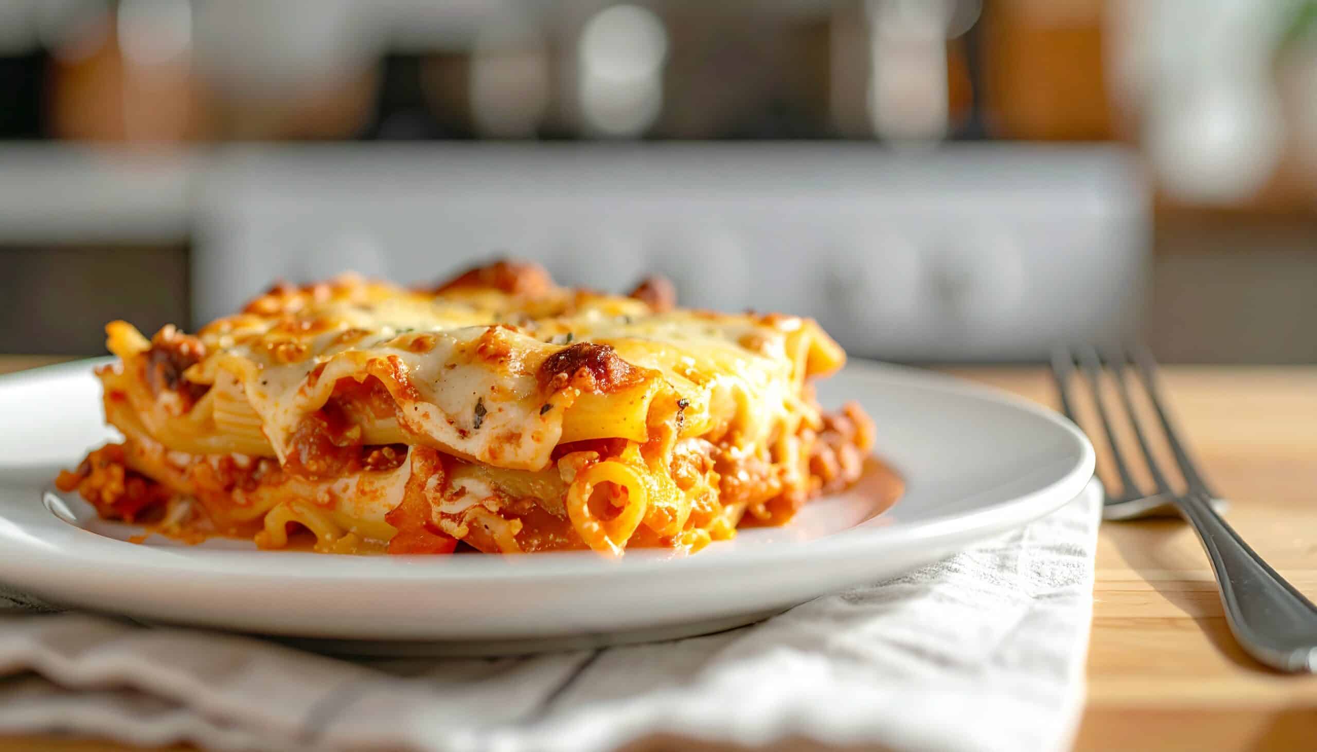 Zapiekanka makaronowa z 4 składników na białym talerzu