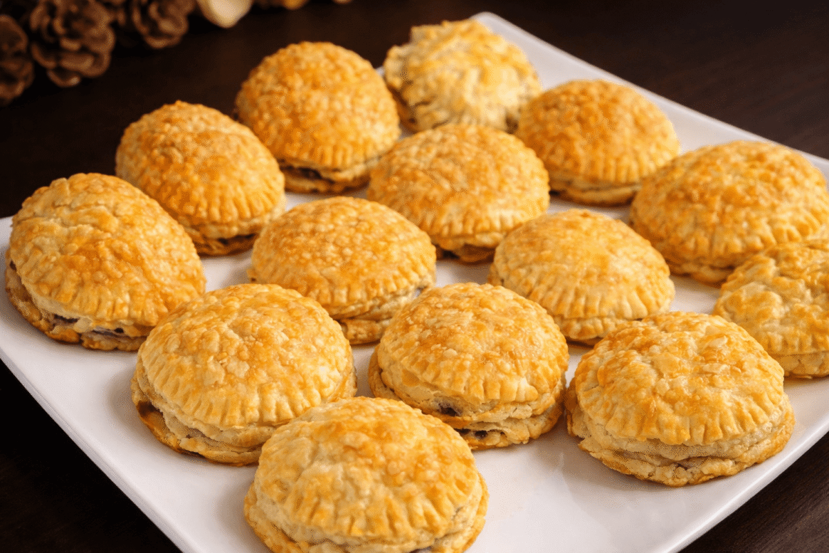 Bułeczki z pieczarkami 1 Bułeczki z pieczarkami na białym talerzu w tle czarne tło.