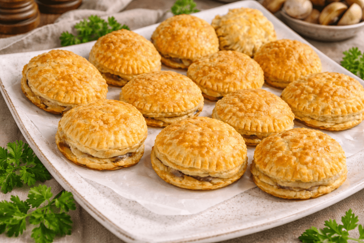 Bułeczki z pieczarkami 2 Bułeczki z pieczarkami na białym talerzu