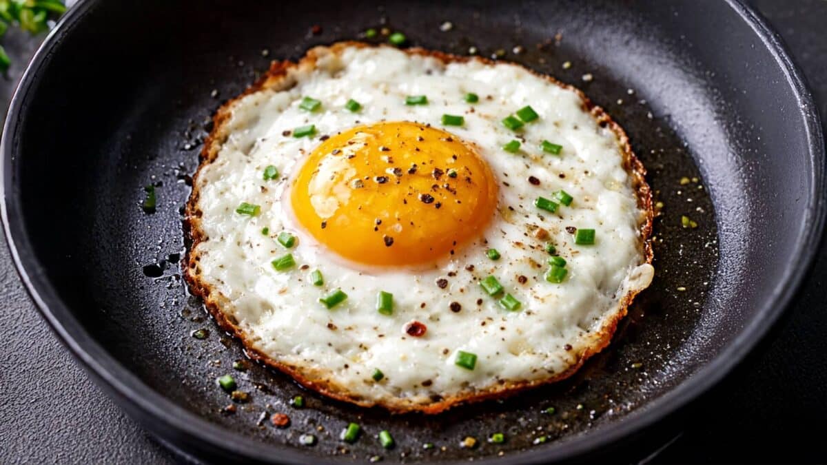 Makrofotografia jajka sadzonego na patelni, ukazująca teksturę płynnego żółtka, ściętego białka oraz ziaren świeżo mielonego pieprzu i szczypiorku. Widoczne zarumienione brzegi.
