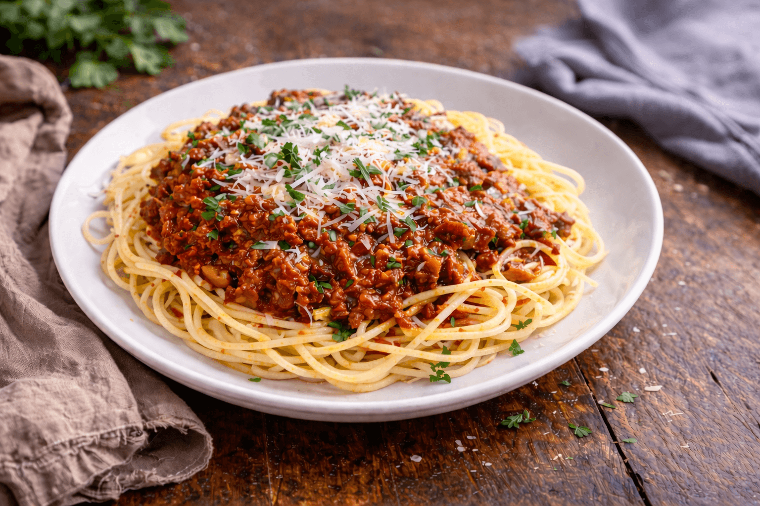 Domowe spaghetti bolognese serwowane na obiad – aromatyczny włoski makaron z sosem bolognese w rustykalnym wydaniu.
