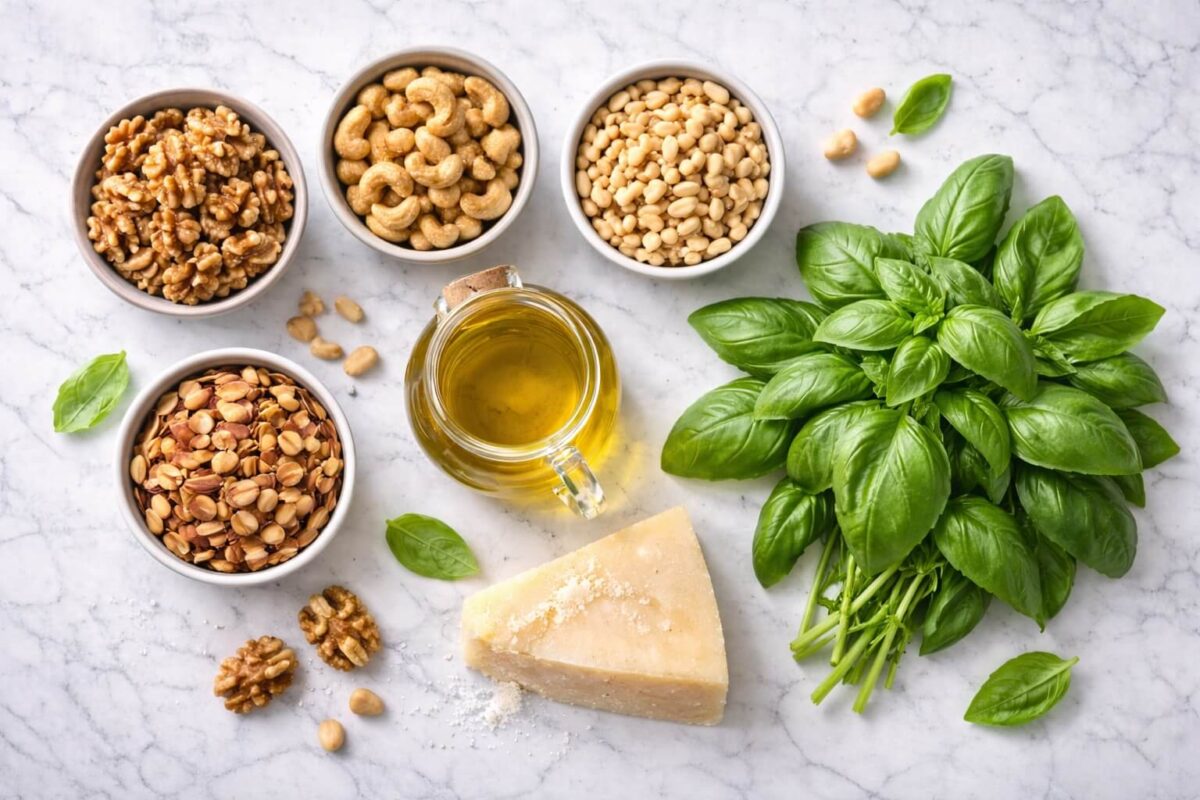 Różne rodzaje orzechów do pesto: nerkowce, orzechy włoskie, migdały i pestki słonecznika w małych miseczkach.