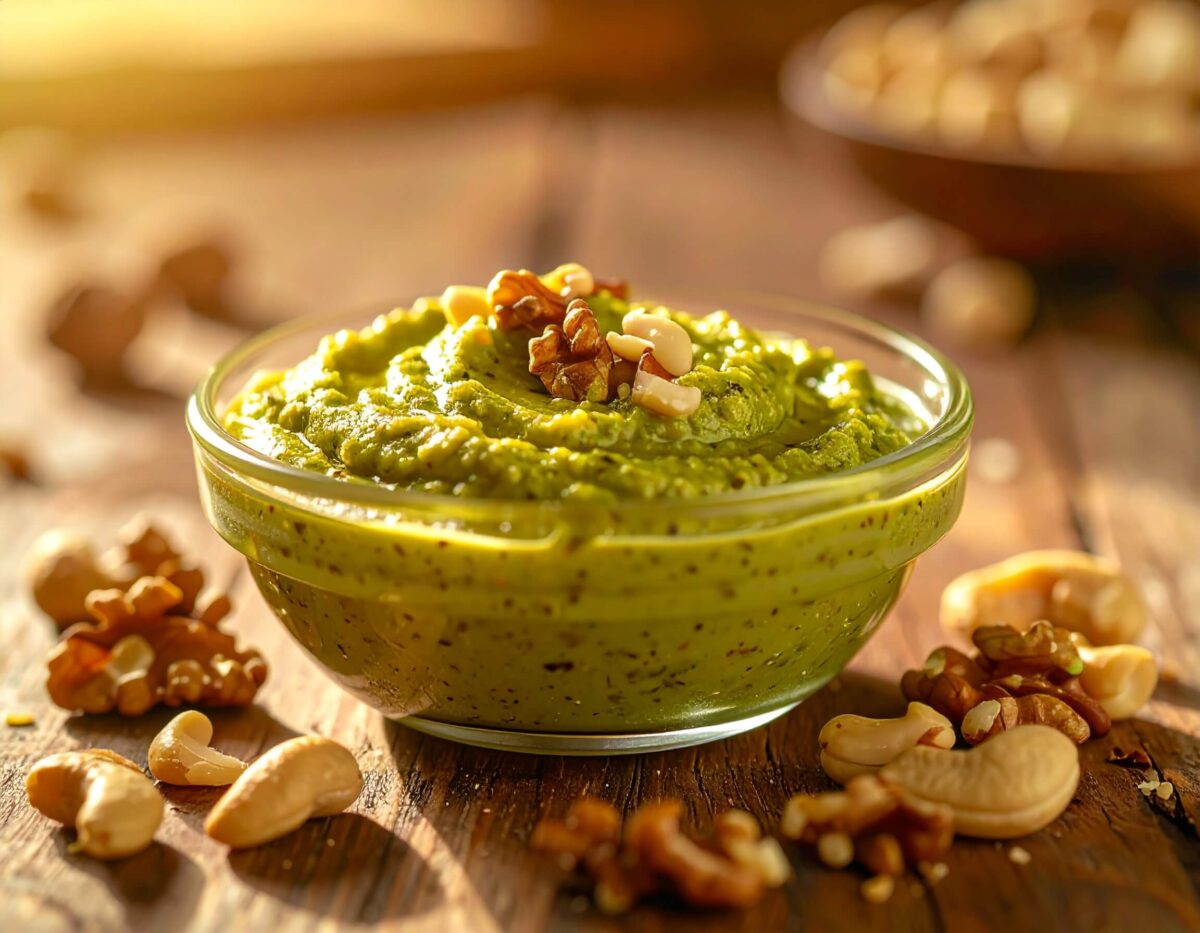 Domowe pesto orzechowe w słoiku, udekorowane świeżą bazylią i kruszonymi nerkowcami na jasnym tle.