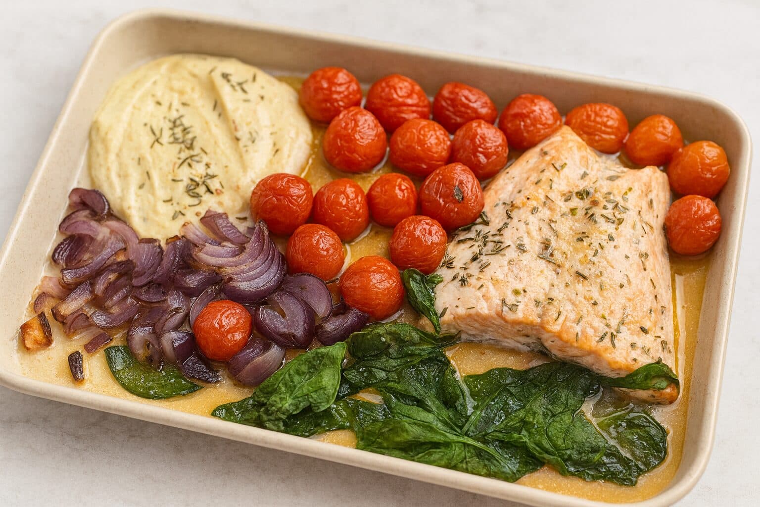 Makaron z pieczonym łososiem i kremowym sosem 1 Pieczony łosoś, pomidorki, cebula, szpinak i czosnek ułożone na blasze przed przygotowaniem sosu.