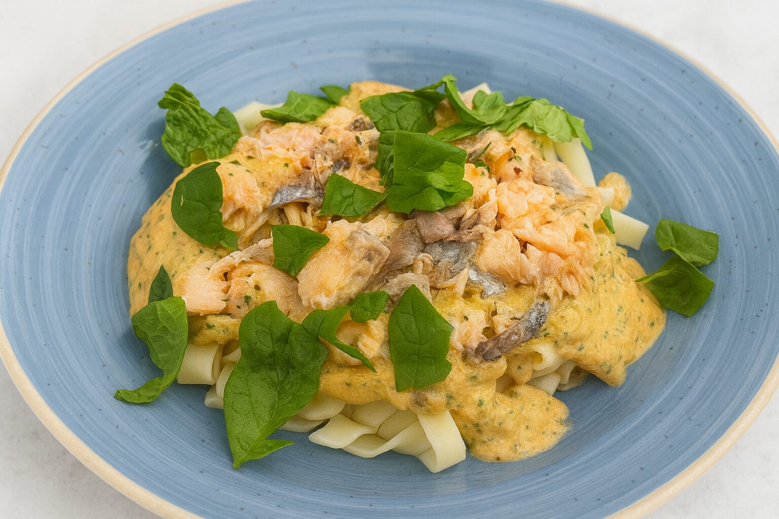 Makaron z pieczonym łososiem i kremowym sosem 2 Kremowy makaron z pieczonym łososiem i szpinakiem sfotografowany z góry na jasnym tle.