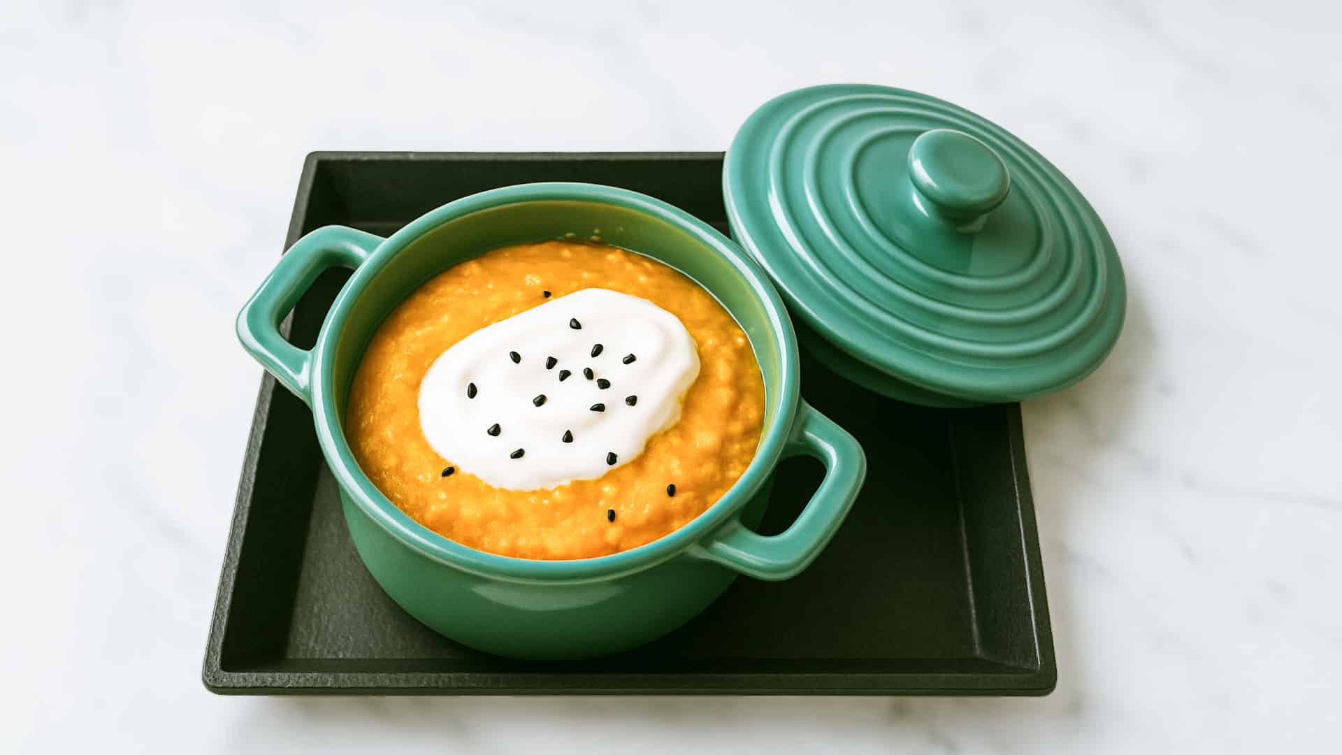 Krem z marchewki z pomarańczą 2 Aksamitny krem z marchewki z pomarańczą podany w zielonej mini-cocotte na jasnym marmurowym tle.