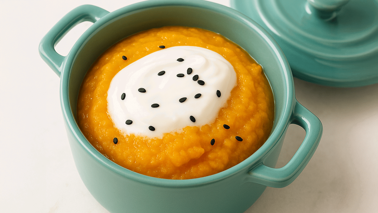 Krem z marchewki z pomarańczą 3 Aksamitny krem z marchewki z pomarańczą podany w zielonej mini-cocotte na jasnym marmurowym tle.