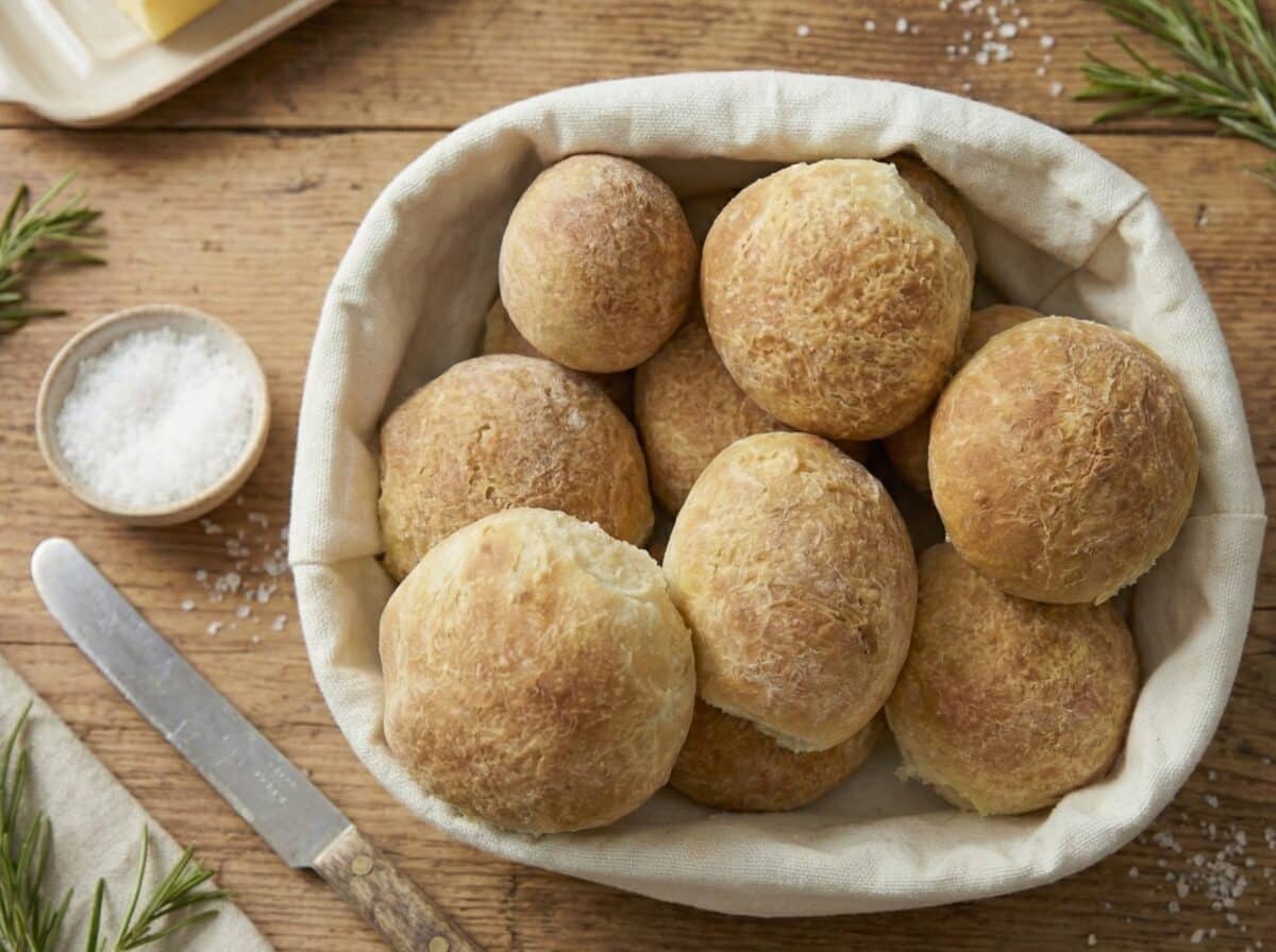 Koszyk wyłożony jasną tkaniną wypełniony złocistymi bułkami, stojący na drewnianym stole obok masła, noża i gałązek rozmarynu. Smaczne bułki na kefirze.