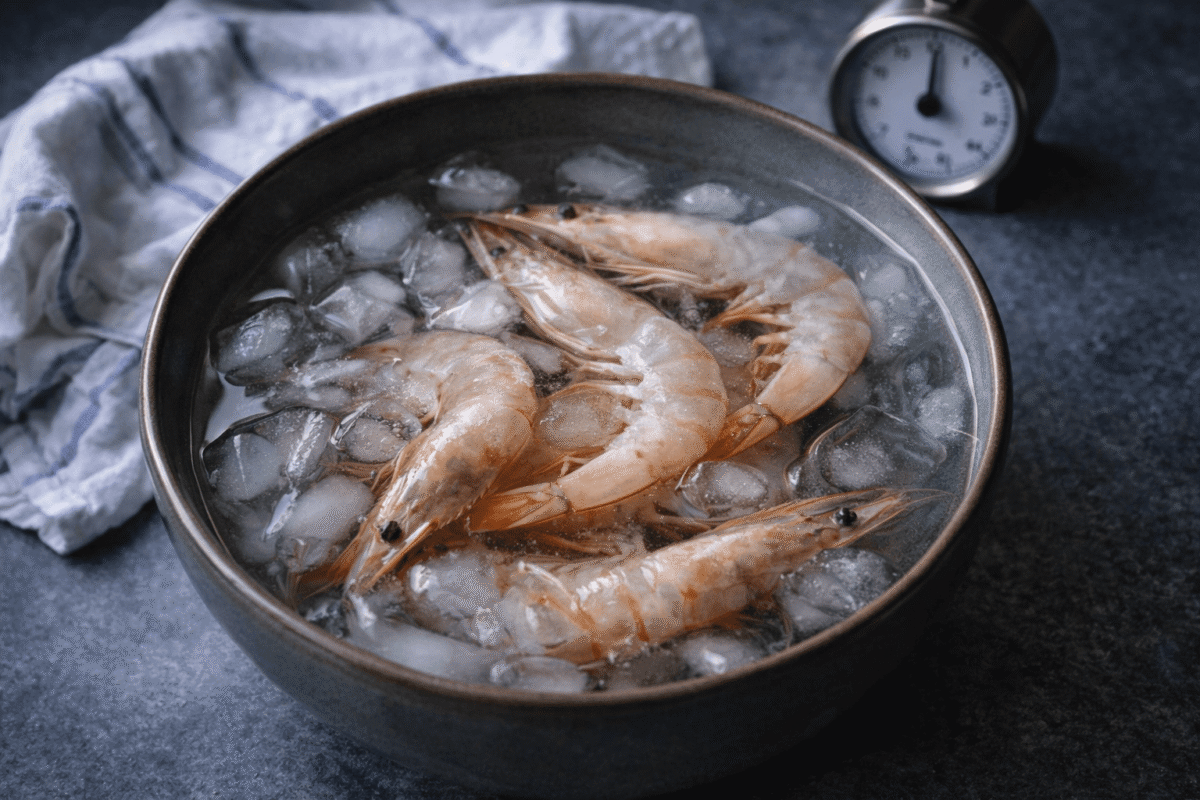 Jak obrać i oczyścić krewetki? Kompletny poradnik dla każdego miłośnika owoców morza 1 Jak oczyścić krewetki mrożone – proces powolnego rozmrażania krewetek w misce z zimną wodą