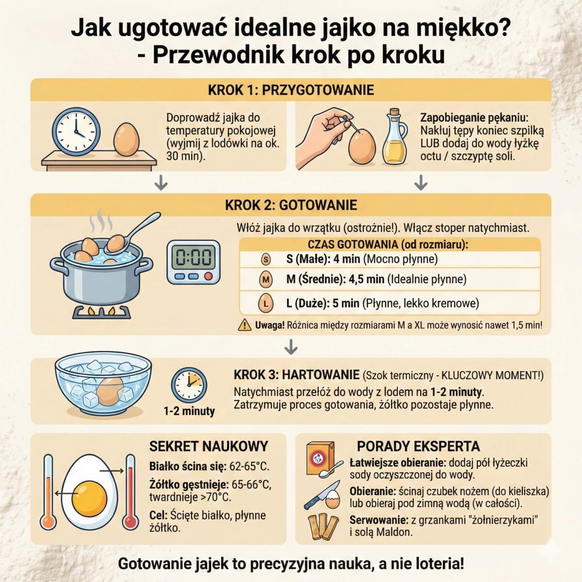 Infografika kulinarna przedstawiająca proces gotowania jajka na miękko. Zawiera czasy gotowania dla rozmiarów S (4 min), M (4,5 min) i L (5 min), instrukcję hartowania w lodzie oraz porady jak łatwo obrać jajka.