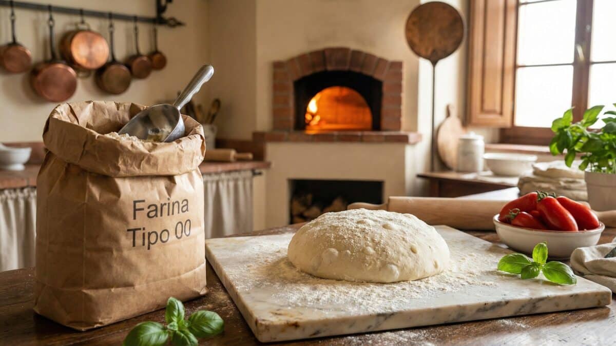 Mąka do pizzy w tle piec i ciasto na pizzę