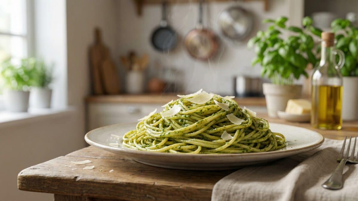 Talerz makaronu spaghetti wymieszanego z domowym pesto, gotowy w kilka minut.