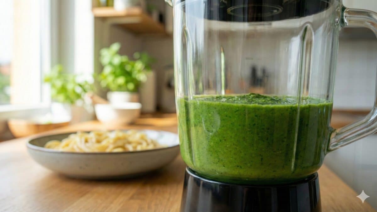 Świeże domowe pesto w szklance blendera, gotowe do podania z makaronem.