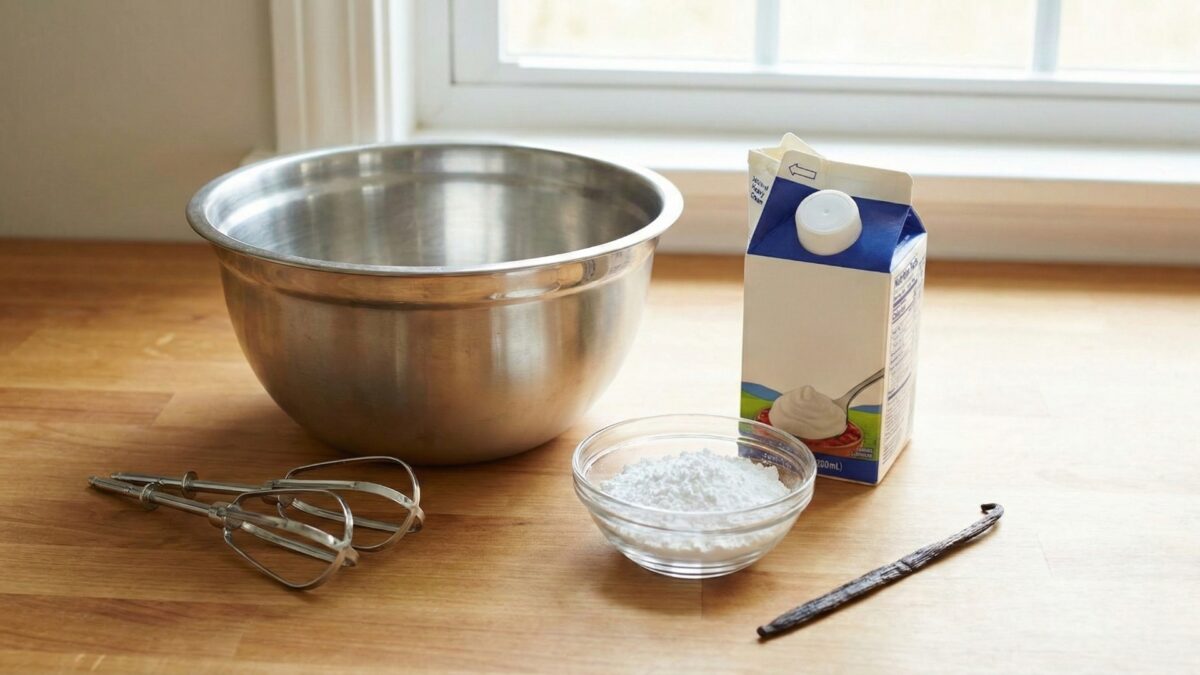 Na drewnianym blacie kuchennym stoją przygotowane składniki do ubijania śmietany: kartonik śmietanki 36%, metalowa miska, końcówki do miksera, miseczka z cukrem pudrem oraz laska wanilii. W tle widać okno.