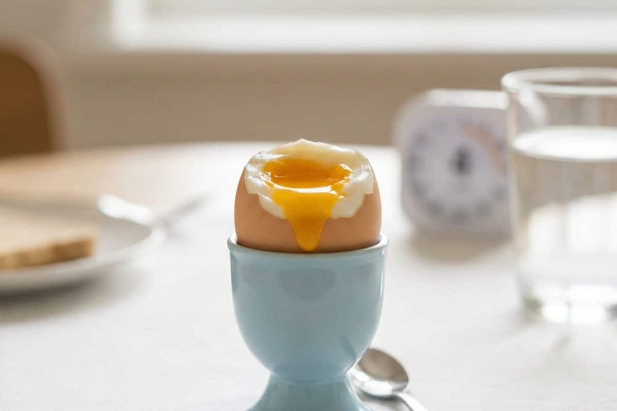 Zbliżenie na ugotowane jajko na miękko w błękitnym kieliszku, z odkrojoną górą i płynnym, żółtym żółtkiem. Obok leży mała łyżeczka, a w rozmytym tle widać kuchnię i stoper wskazujący 4 minuty. Światło dzienne.