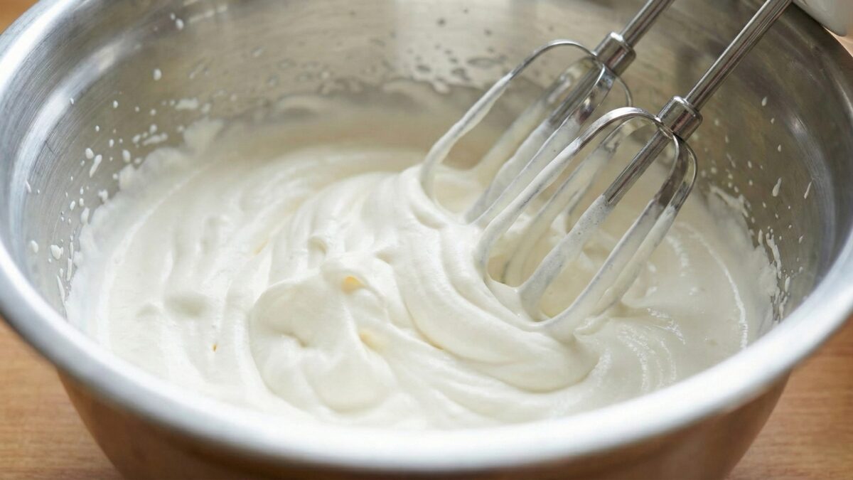 Zbliżenie na metalową miskę, w której mikserem ubijana jest śmietana. Masa jest już gęsta, napowietrzona i tworzy miękkie, opadające wierzchołki. Na ściankach miski widać ślady śmietany.