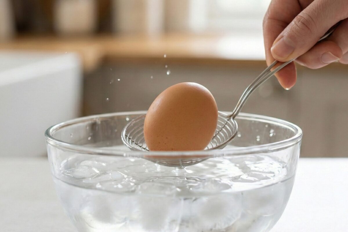 Ujęcie z bliska dłoni zanurzającej ugotowane na twardo jajko w misce z zimną wodą i kostkami lodu przy użyciu łyżki cedzakowej. Woda rozpryskuje się wokół jajka. Tło kuchenne zachowuje ten sam minimalistyczny styl i oświetlenie.