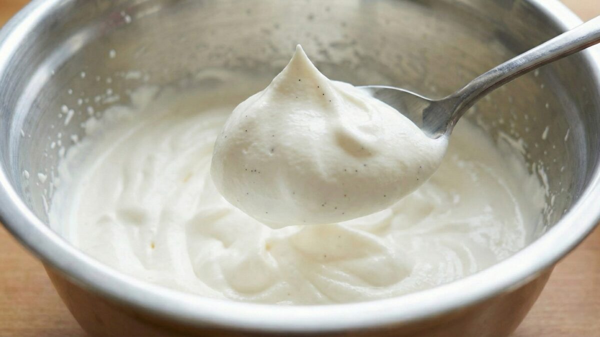 Zbliżenie na łyżkę, na której znajduje się porcja sztywno ubitej śmietany. Masa tworzy idealny, ostry szczyt, który nie opada. W strukturze kremu widoczne są małe, czarne kropki ziarenek wanilii.