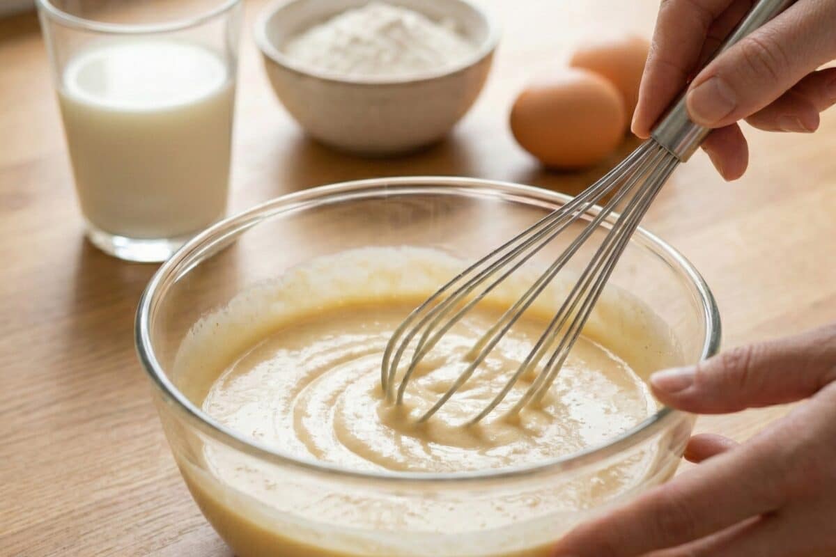 Zbliżenie dłoni trzymającej trzepaczkę, która delikatnie miesza gładkie, jasnopomarańczowe ciasto naleśnikowe w przezroczystej misce. Na drewnianym blacie w tle widać składniki: mleko, mąkę i jajka, oświetlone miękkim światłem dziennym.