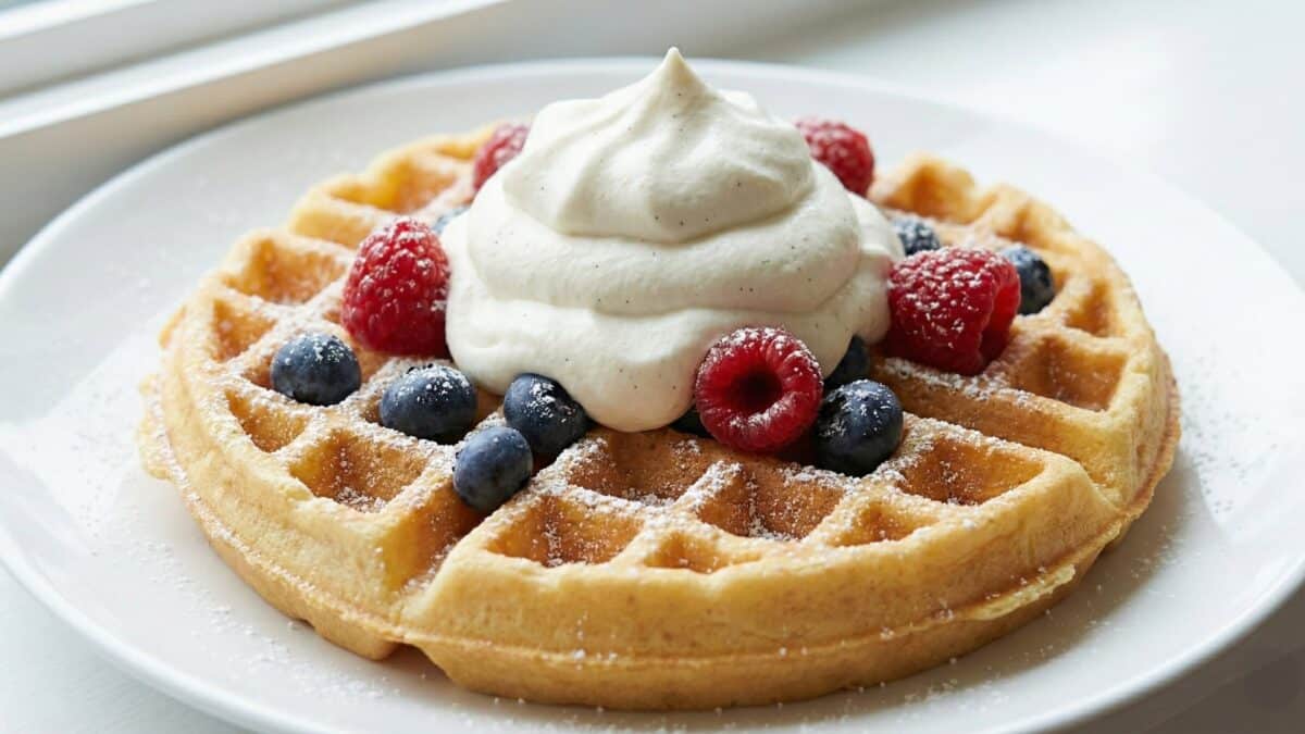 Apetyczne zdjęcie gofra na białym talerzu. Na wierzchu znajduje się duża porcja sztywno ubitej śmietany, udekorowana świeżymi malinami, borówkami i posypana cukrem pudrem.