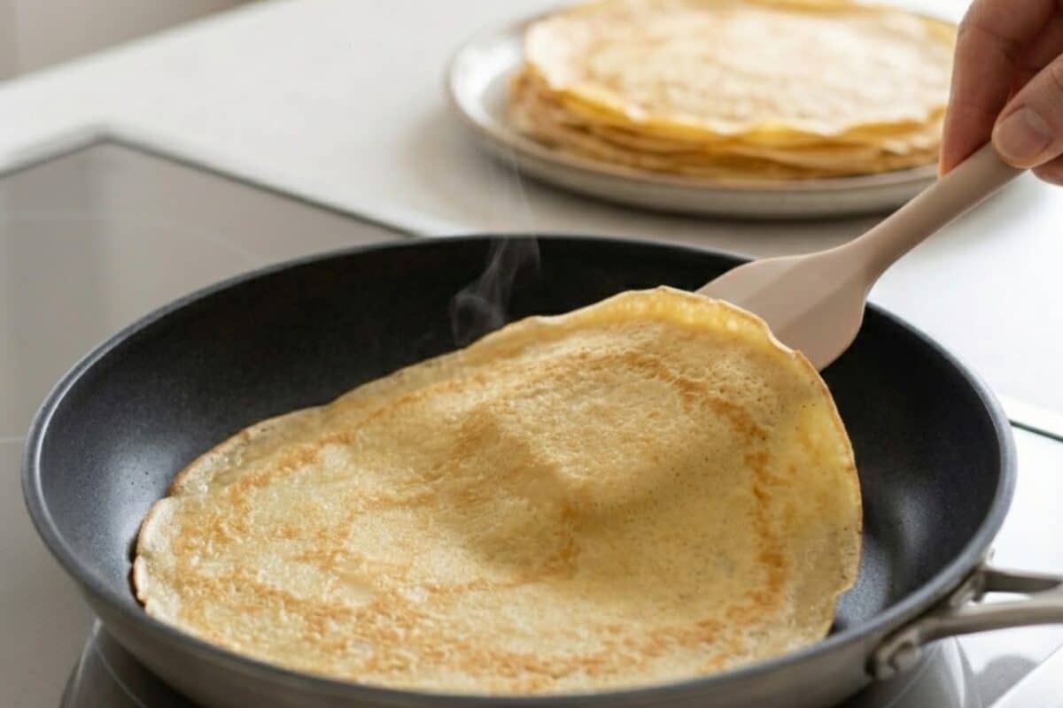 Ujęcie z bliska patelni z powłoką non-stick na płycie indukcyjnej, na której smaży się złocistobrązowy naleśnik. Silikonowa szpatułka delikatnie unosi krawędź naleśnika. Z tyłu widać stos gotowych naleśników, w tym samym stylu i świetle co poprzednie zdjęcia.