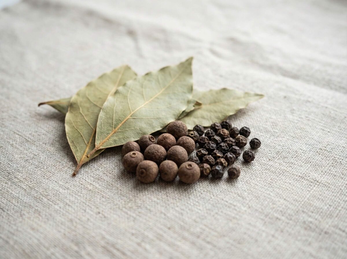 Zbliżenie na podstawowe przyprawy do rosołu: liście laurowe, ziele angielskie i czarny pieprz na lnianej ściereczce.