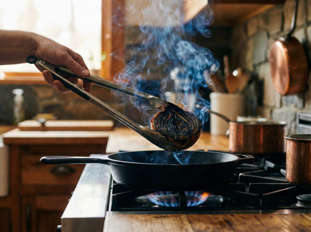 Proces opalania połówki cebuli nad palnikiem gazowym, trzymanej w metalowych szczypcach.