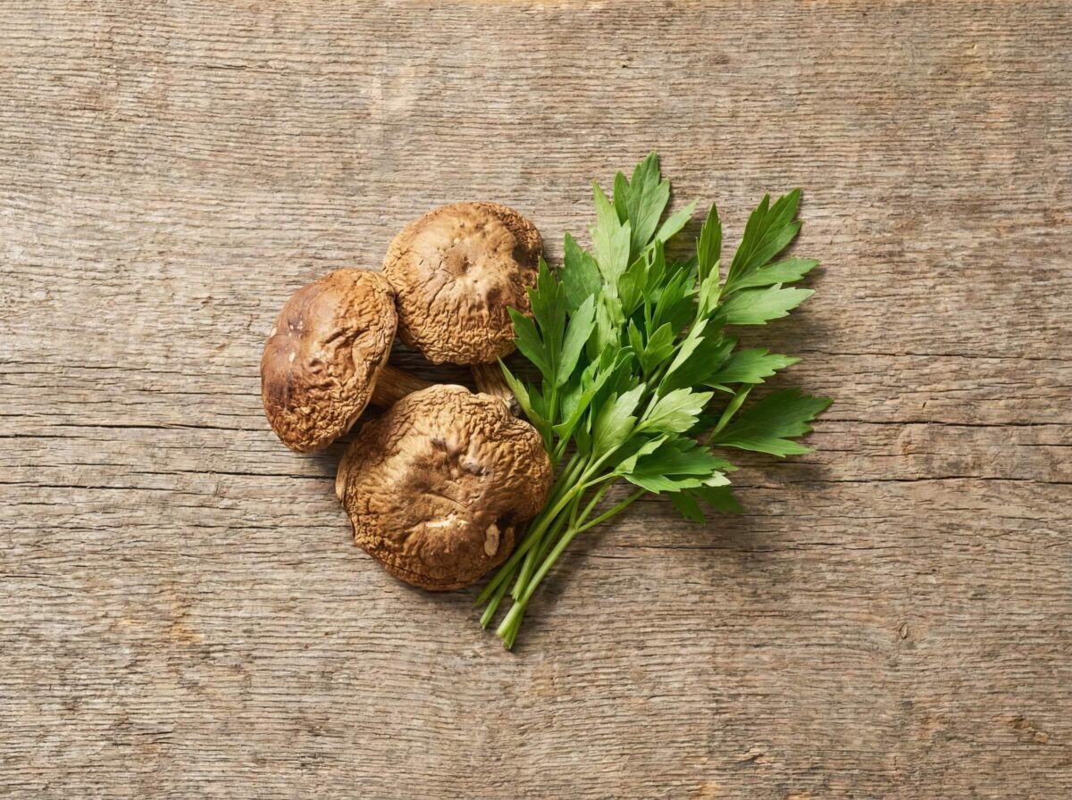 Naturalne wzmacniacze smaku rosołu: suszone podgrzybki i świeży lubczyk na drewnianym stole.