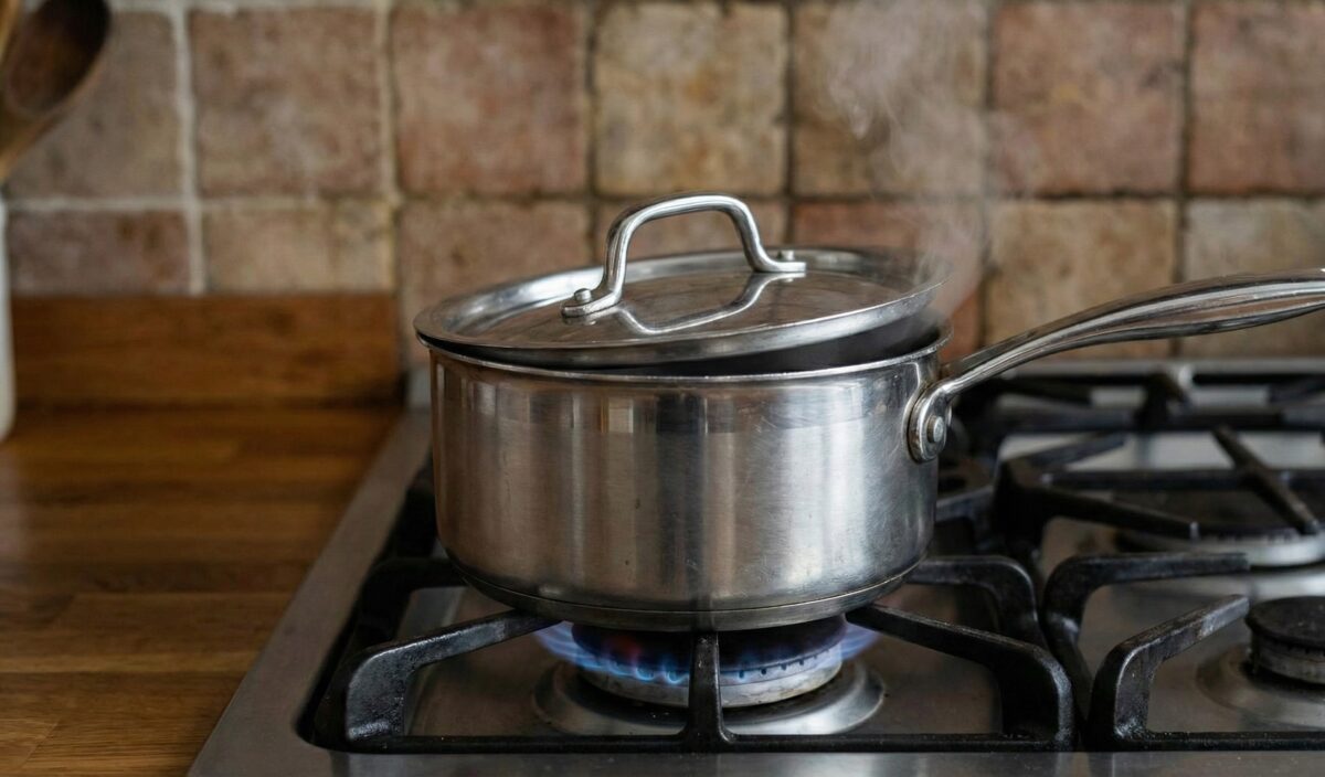 Metalowy garnek stoi na palniku gazowym na małym ogniu. Pokrywka jest lekko przesunięta, a spod niej wydobywa się widoczna para. W tle widać rustykalne kafelki kuchenne. Technika gotowania ryżu przez odparowanie.