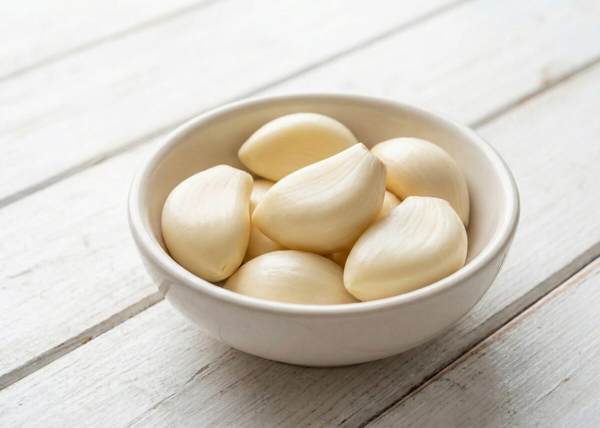 Zbliżenie na małą, jasną miseczkę wypełnioną gładkimi, obranymi ząbkami czosnku, stojącą na tym samym białym, drewnianym stole. Ząbki są czyste i gotowe do gotowania.