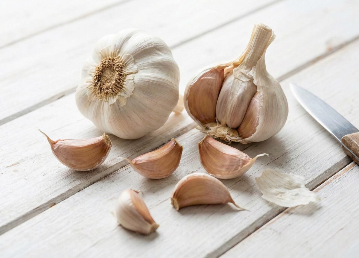 Fotografia kulinarna przedstawiająca całą główkę czosnku oraz kilka pojedynczych, nieobranych ząbków w łupinach, leżących na białym, rustykalnym drewnianym blacie obok małego nożyka.
