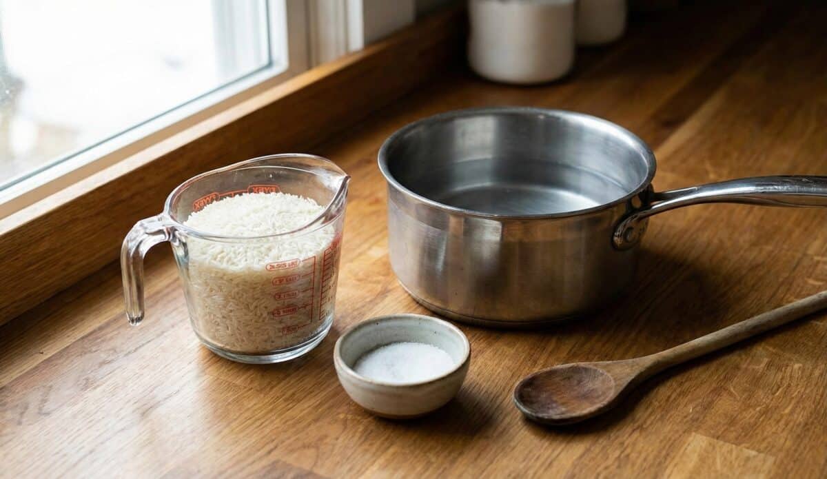 Szklana miarka kuchenna wypełniona suchym ryżem basmati stoi obok metalowego garnka z odmierzoną ilością wody. Obok znajduje się mała ceramiczna miseczka z solą i drewniana łyżka. Całość na rustykalnym drewnianym blacie przy oknie.