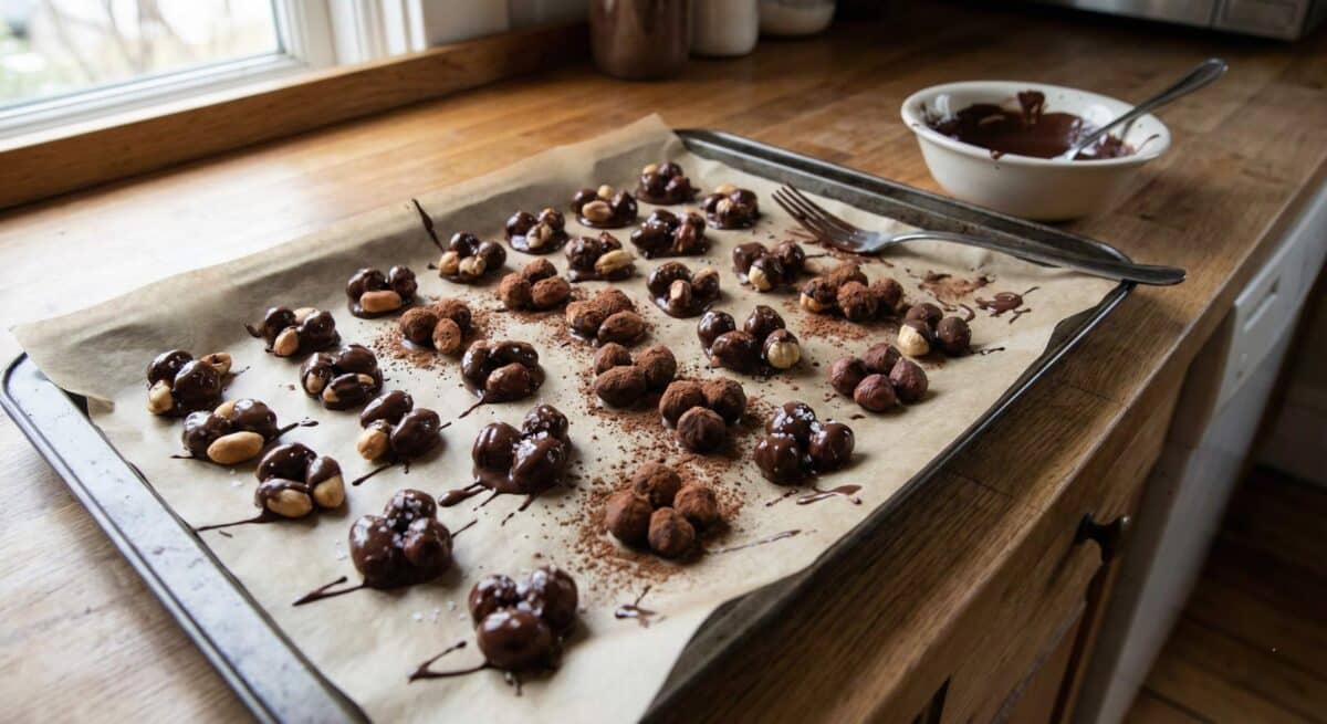 Świeżo przygotowane kępki orzeszków ziemnych i laskowych w czekoladzie rozłożone na blaszce z papierem do pieczenia. Czekolada zastyga, część orzechów jest posypana kakao. W tle widać brudną miseczkę po czekoladzie i widelec.