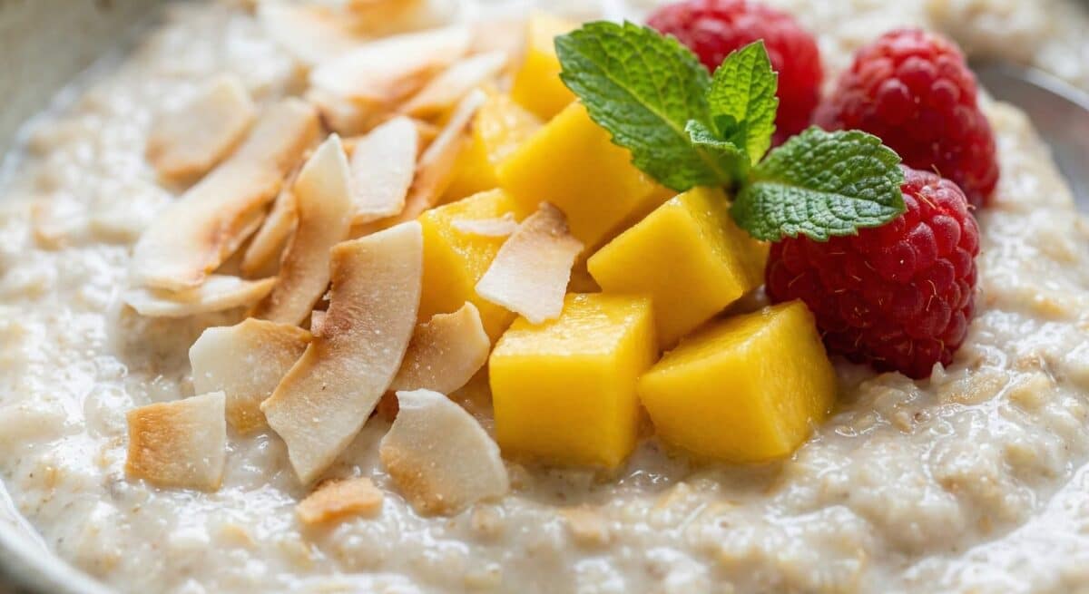 Owsianka kokosowa 3 Fotografia makro pokazująca detale dodatków do owsianki kokosowej: soczyste kawałki mango, świeże maliny i chrupiące, prażone wiórki kokosowe.