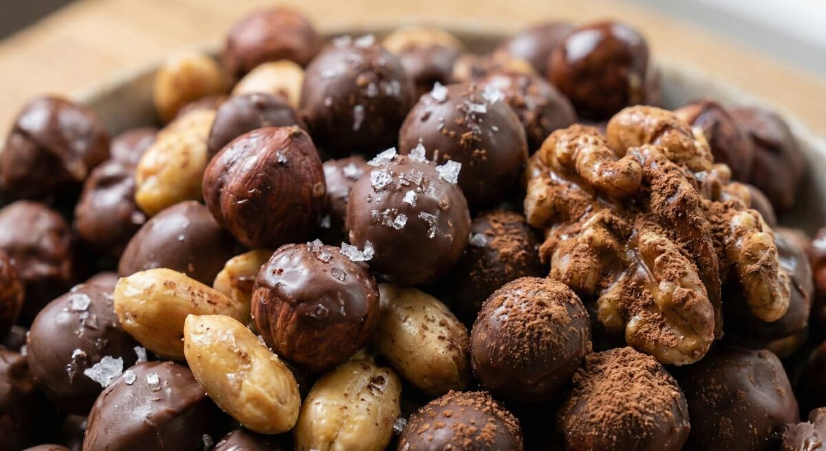Zbliżenie makro na orzechy w czekoladzie. Wyraźnie widoczne kryształki soli morskiej na błyszczącej polewie orzecha laskowego oraz matowe kakao na orzechu włoskim. Zdjęcie ukazuje chrupiącą teksturę domowych słodyczy.