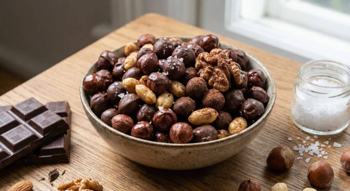 Ceramiczna miska wypełniona po brzegi domowymi orzeszkami w czekoladzie. Widać mieszankę orzechów laskowych, włoskich i ziemnych. Niektóre posypane są gruboziarnistą solą, inne ciemnym kakao. Obok na drewnianym stole leży tabliczka gorzkiej czekolady.