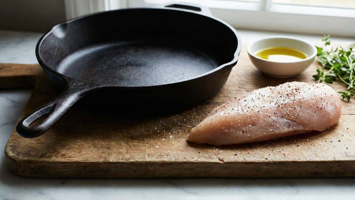 Surowa, pojedyncza pierś z kurczaka, hojnie posypana gruboziarnistą solą i czarnym pieprzem, leży na starej drewnianej desce do krojenia. Obok niej stoi czarna, żeliwna patelnia, mała miseczka z oliwą z oliwek oraz pęczek świeżego tymianku i oregano. Zdjęcie w naturalnym świetle.