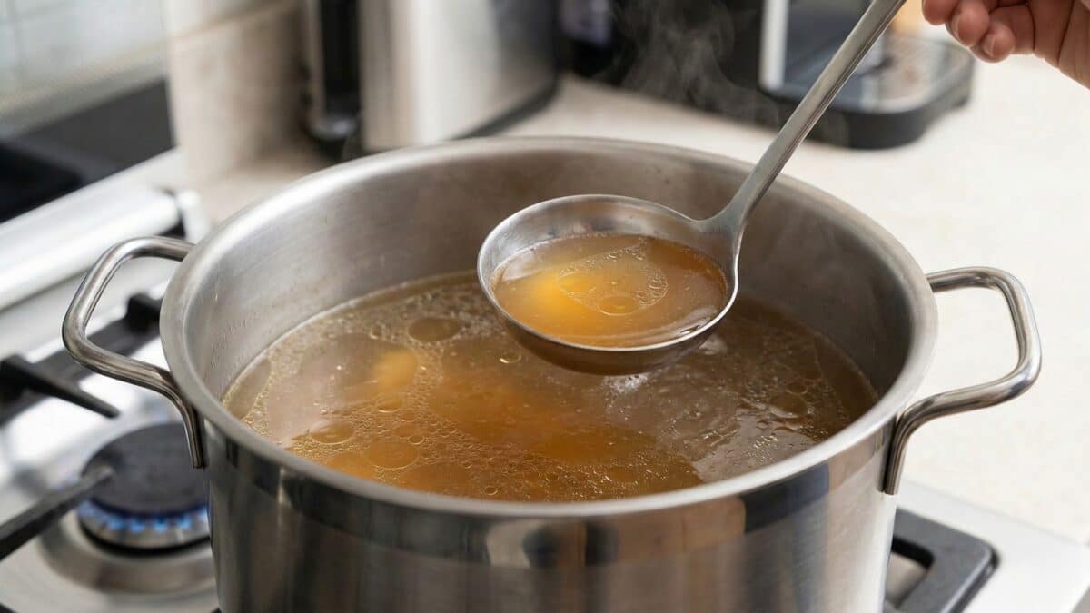 Klarowny, złoty rosół w garnku podczas powolnego gotowania (mrugania) na łyżce wazowej.