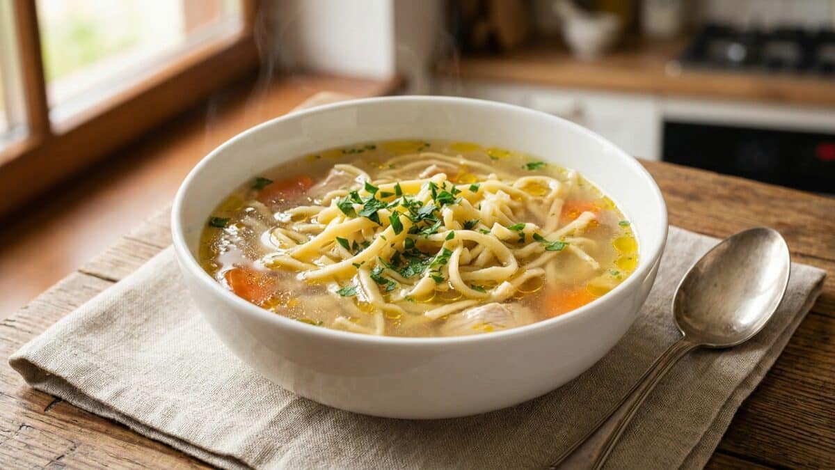 Talerz idealnie klarownego rosołu z domowym makaronem, posypany świeżą natką pietruszki.