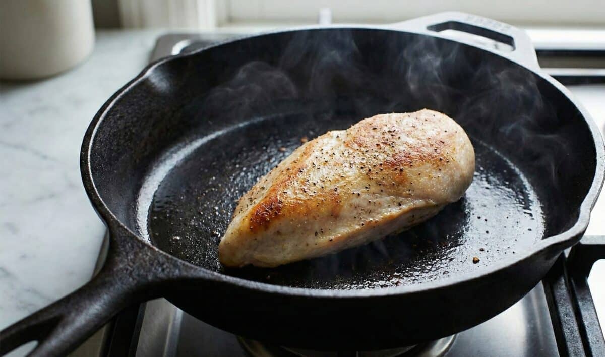 Zbliżenie na pierś z kurczaka smażącą się na czarnej, żeliwnej patelni na kuchence gazowej. Mięso ma już wyraźnie zarumienioną, złocisto-brązową skórkę. Z gorącego tłuszczu unosi się delikatna para. Patelnia stoi na ruszcie kuchenki.